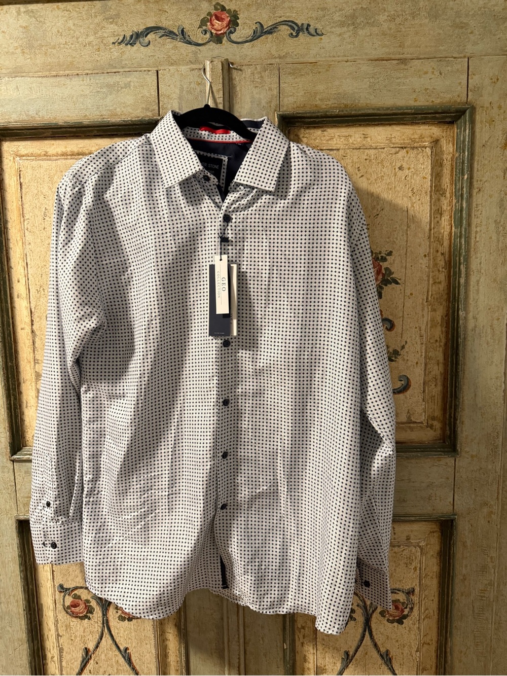 Mens White Dress Shirt with Navy Micro-Print